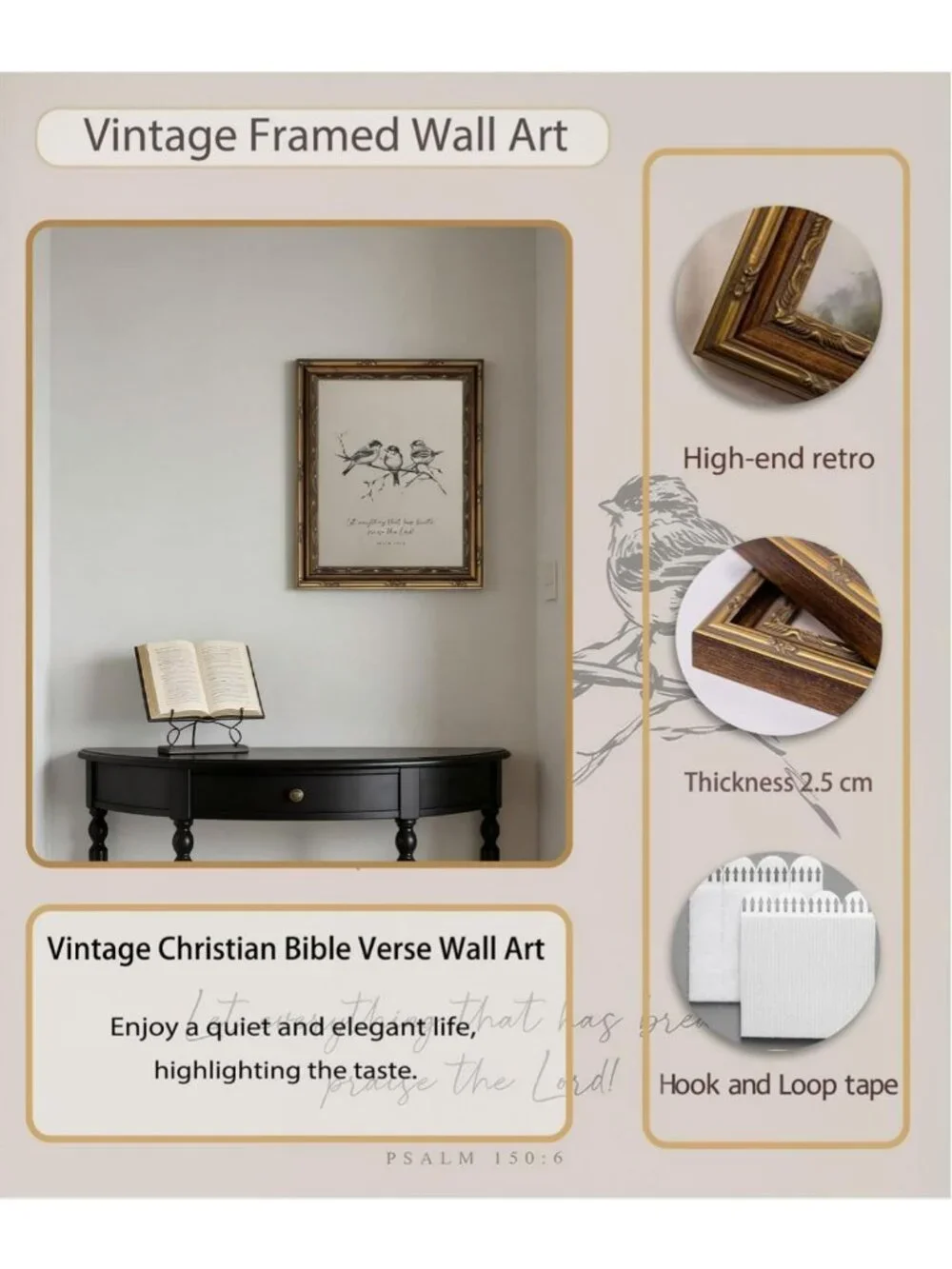 Vintage Gold Framed Bible Verse Wall Art | Neutral Farmhouse Sparrow Decor